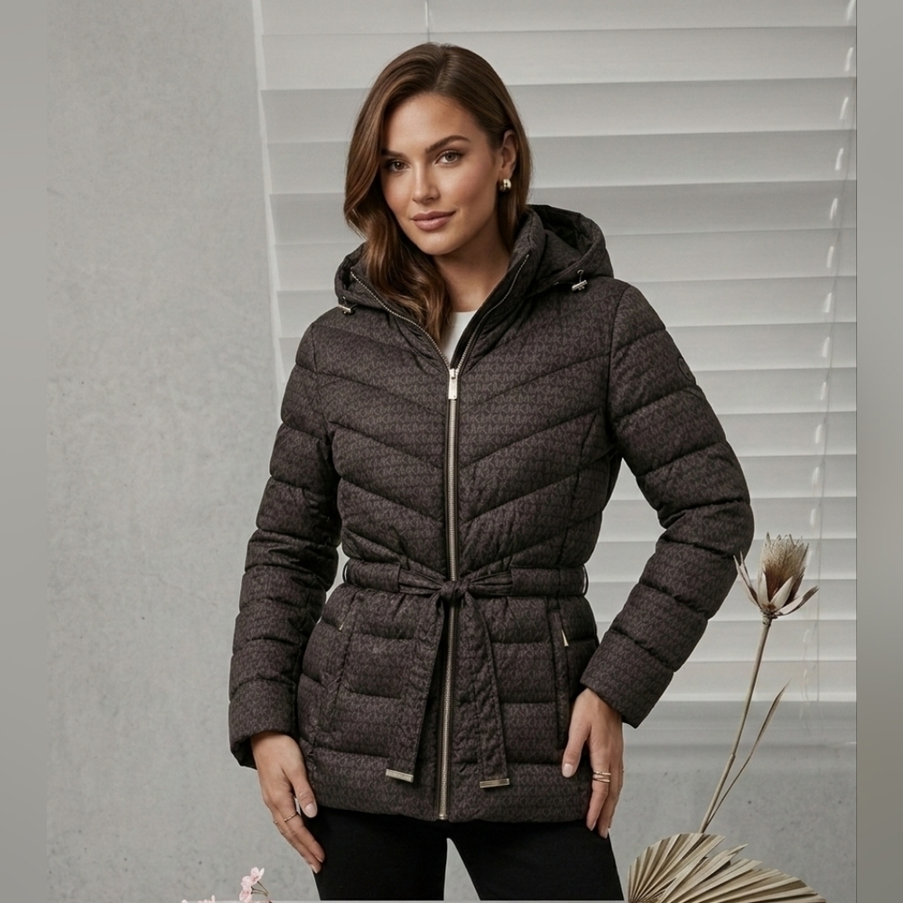 Michael Kors Brown Packable Down Puffer Jacket w/ Bag - XS - Belted - Picture 2 of 10